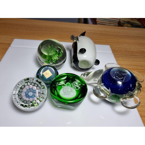 135 - A collection of 6 good glass paperweights to include an unusual turtle formed paperweight with 2 bab... 