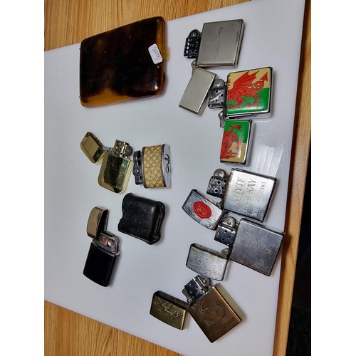 138 - A collection of 8x various collectable lighters along with a faux tortoise shell cigarette case, all... 