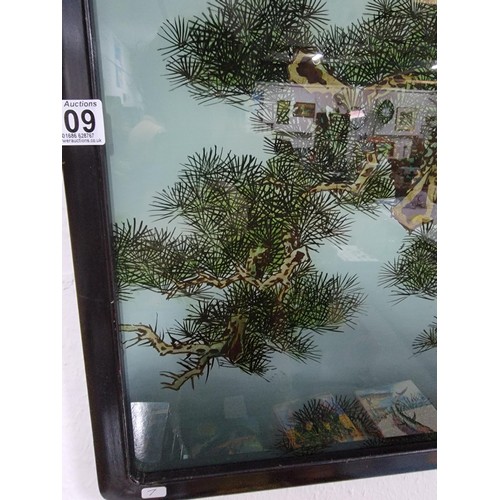 109 - A framed and glazed antique painting of 2 cranes in a tree, signed to the top left along with a doub... 