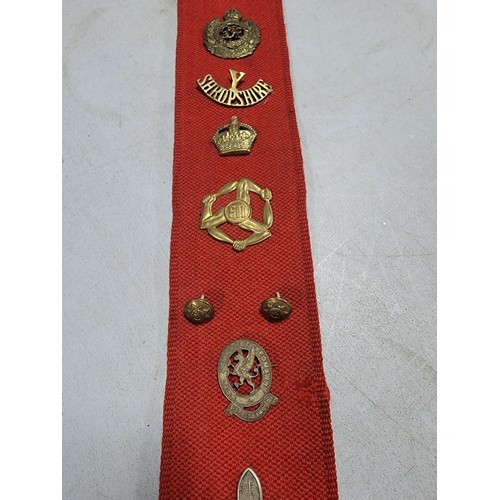 110 - Large red fabric wall hanger containing a large quantity of lapel badges inc RWF, RASC, REME, Boy Sc... 