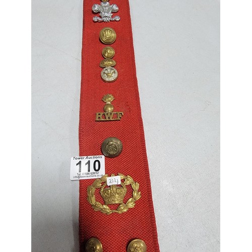 110 - Large red fabric wall hanger containing a large quantity of lapel badges inc RWF, RASC, REME, Boy Sc... 