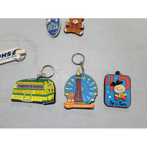 112 - Collection of 17x rubber key rings, inc Dalmation, Homer Simpson, Blackpool Tower, Mr Rush etc