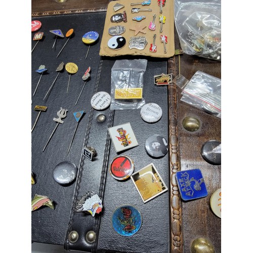 114 - Collection of vintage badges and pin badges covering various subjects inc CND, guitars, Rock and Rol... 