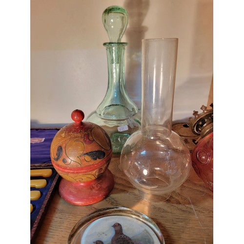 123 - Quantity of collectables inc a carved ostrich egg, cranberry glass light fitting, decanter along wit... 