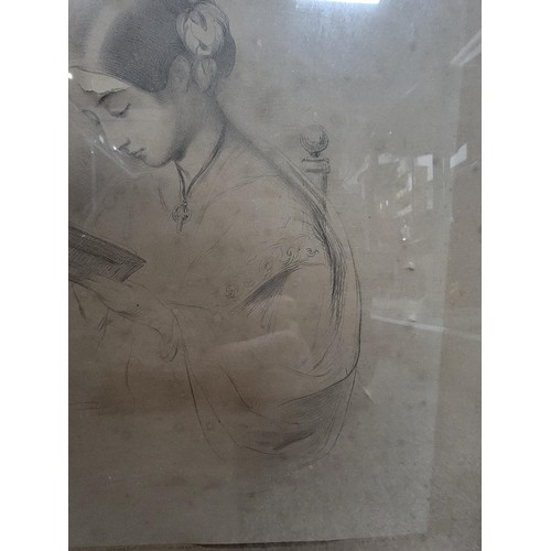 338 - Vintage framed and glazed maple wood lithograph drawing of Florence Nightingale on Indian Paper, 185... 