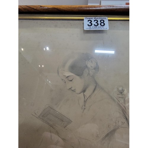 338 - Vintage framed and glazed maple wood lithograph drawing of Florence Nightingale on Indian Paper, 185... 