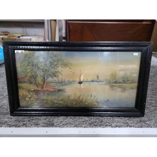 339 - Framed and glazed oil on board of sailing barge on the river Thames signed Ann Gibbons dates to the ... 