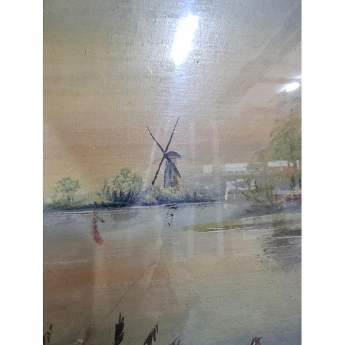 339 - Framed and glazed oil on board of sailing barge on the river Thames signed Ann Gibbons dates to the ... 