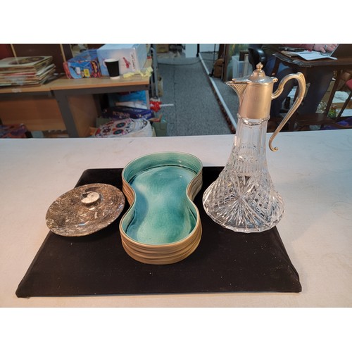 303 - Silver plated crystal cut claret jug along with a Beswick blue and grey large ergonomic bowl also co... 