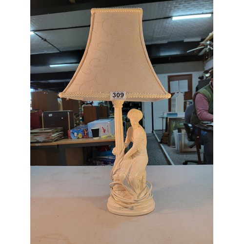 309 - Good quality plaster lamp with a sitting female figure in good order complete with shade stands at 6... 