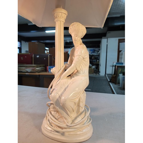 309 - Good quality plaster lamp with a sitting female figure in good order complete with shade stands at 6... 