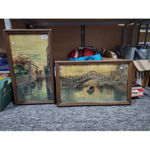 317 - Pair of vintage framed and glazed watercolours of Venice inc Rialto Bridge both in good order signed... 