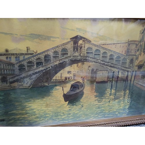 317 - Pair of vintage framed and glazed watercolours of Venice inc Rialto Bridge both in good order signed... 