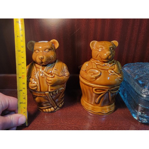 322 - 2x ceramic cookie jars in the form of mother and father bear along with a German lidded glass honey ... 