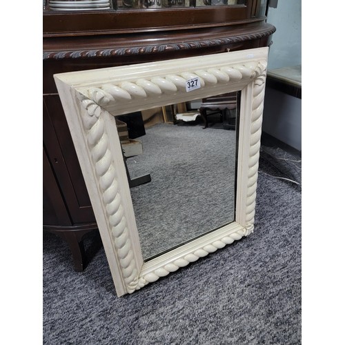 327 - Wooden cream framed twist rope design mirror in good order height 65cm width 56cm