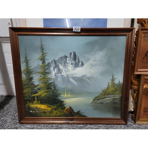 333 - Framed oil on canvas of a mountainous river scene signed lower right Spencer, well executed measures... 