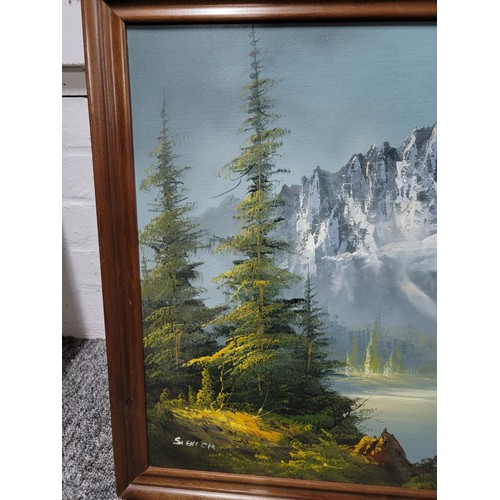 333 - Framed oil on canvas of a mountainous river scene signed lower right Spencer, well executed measures... 