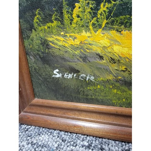 333 - Framed oil on canvas of a mountainous river scene signed lower right Spencer, well executed measures... 