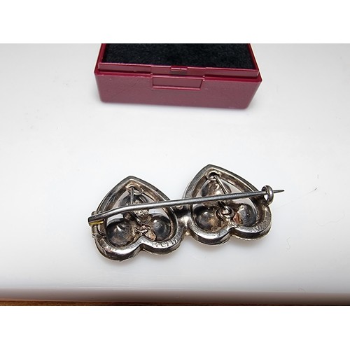 236 - A pretty vintage hallmarked silver sweetheart brooch in the form of 2 hearts and 2 clovers with whit... 