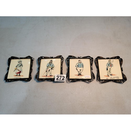 272 - Quantity of 4x metal scroll framed tiles featuring Charles Dickens characters, 2x tiles have felt ba... 