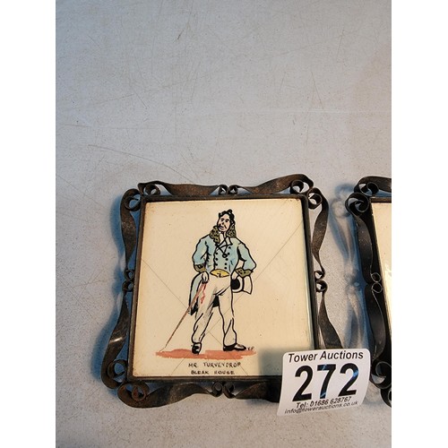 272 - Quantity of 4x metal scroll framed tiles featuring Charles Dickens characters, 2x tiles have felt ba... 