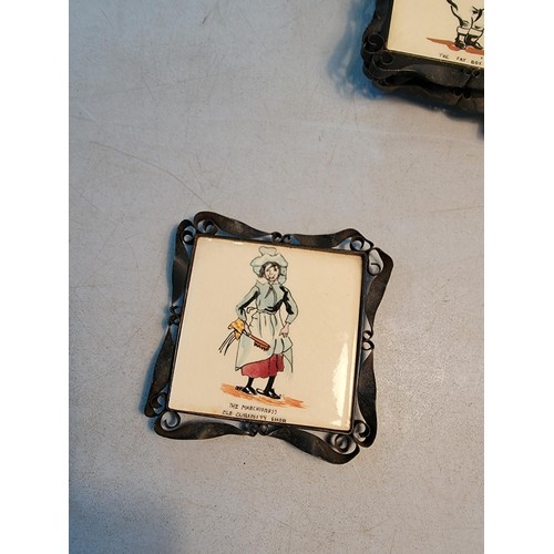 272 - Quantity of 4x metal scroll framed tiles featuring Charles Dickens characters, 2x tiles have felt ba... 