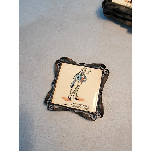 272 - Quantity of 4x metal scroll framed tiles featuring Charles Dickens characters, 2x tiles have felt ba... 