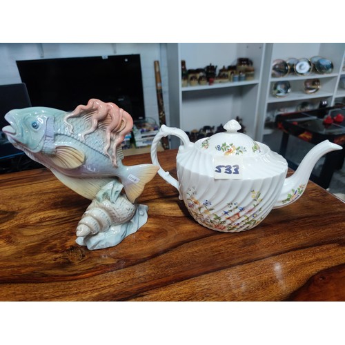 533 - Ainsley cottage garden tea pot along with a ceramic fish both in good order.