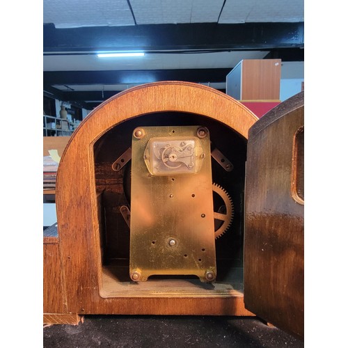 277 - Good quality wooden mantel clock with 8 day movement by Davall with one hole to the front platform e... 