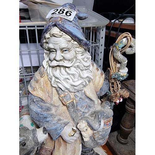 286 - Good quality chalk Santa in blue and white with reindeer, one antler is A/F height 43cm width 21cm