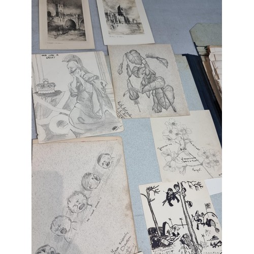 288 - Vintage folder  containing a large quantity of etchings and prints, along with original work inc Ric... 