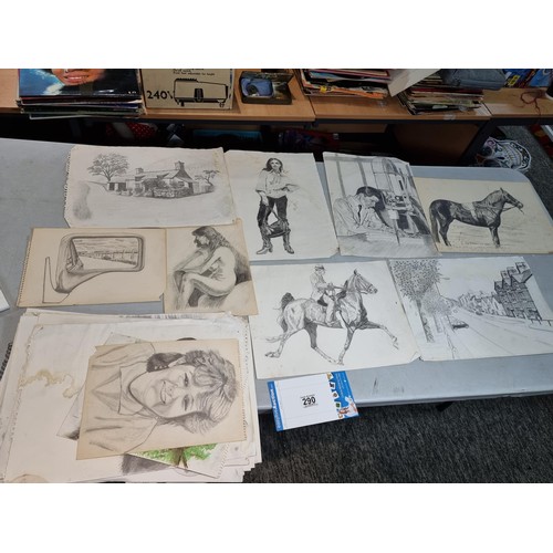 290 - Large collection of original pencil drawings of various subjects inc Landscapes, Portraits, a Shephe... 