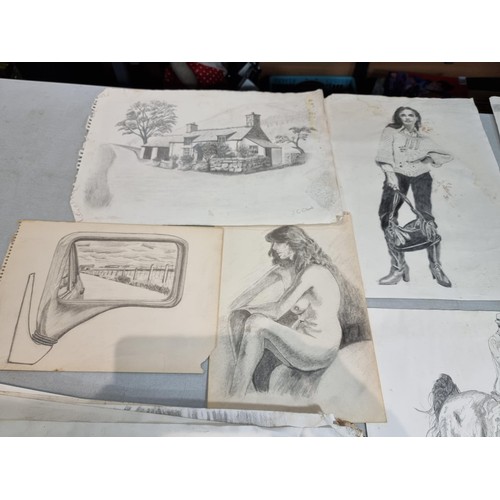 290 - Large collection of original pencil drawings of various subjects inc Landscapes, Portraits, a Shephe... 