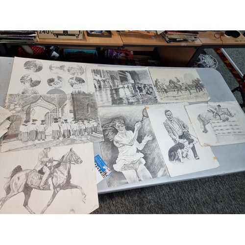 290 - Large collection of original pencil drawings of various subjects inc Landscapes, Portraits, a Shephe... 