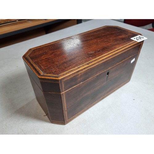 296 - Good quality mahogany and inlaid tea caddy 3 compartmental box missing its linings