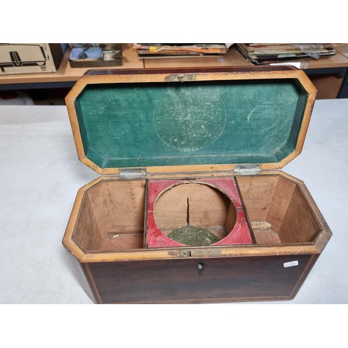 296 - Good quality mahogany and inlaid tea caddy 3 compartmental box missing its linings