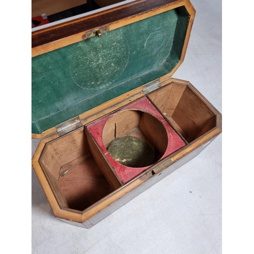 296 - Good quality mahogany and inlaid tea caddy 3 compartmental box missing its linings