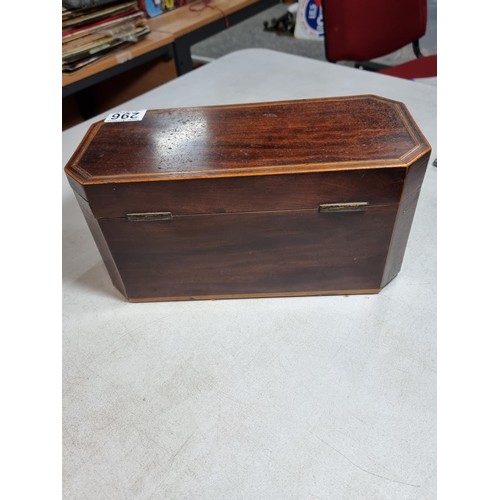 296 - Good quality mahogany and inlaid tea caddy 3 compartmental box missing its linings