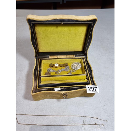 297 - A Pretty Green Velvet Jewellery Box in good order containing a small quantity of costume jewellery i... 