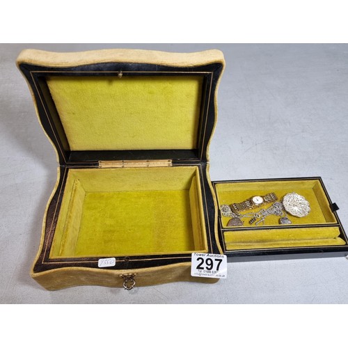 297 - A Pretty Green Velvet Jewellery Box in good order containing a small quantity of costume jewellery i... 