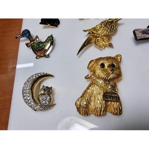 291 - Collection of 12x animal related brooches to include a large dog brooch 4x bird brooches, 3x dolphin... 