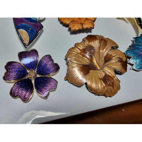 292 - Collection of 9x good quality enamel brooches featuring 3x flower brooches with ornate designs a map... 