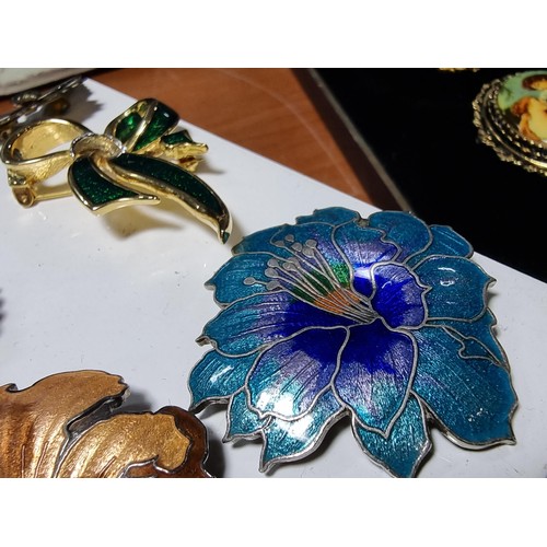 292 - Collection of 9x good quality enamel brooches featuring 3x flower brooches with ornate designs a map... 