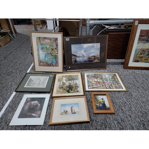 335 - Collection of framed and glazed prints and originals inc still life scene, picture of Paris, harbour... 