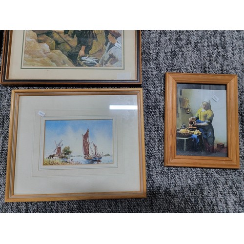 335 - Collection of framed and glazed prints and originals inc still life scene, picture of Paris, harbour... 