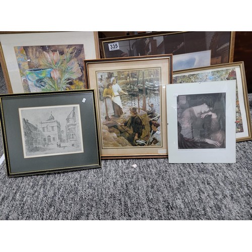 335 - Collection of framed and glazed prints and originals inc still life scene, picture of Paris, harbour... 