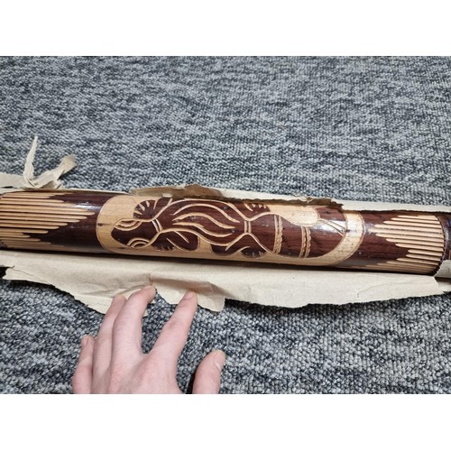 90B - A brand new tall wooden rain stick with a carved reptile design, still in its original wrappers. Hei... 