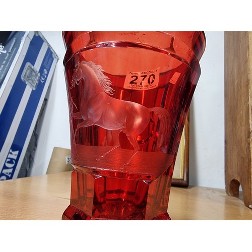 270 - Antique Red glass bohemian vase with a etching of a Mexican or Spanish Cowboy breaking in a horse in... 