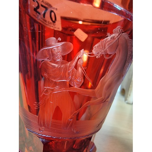 270 - Antique Red glass bohemian vase with a etching of a Mexican or Spanish Cowboy breaking in a horse in... 