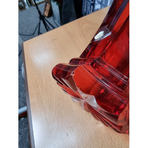 270 - Antique Red glass bohemian vase with a etching of a Mexican or Spanish Cowboy breaking in a horse in... 